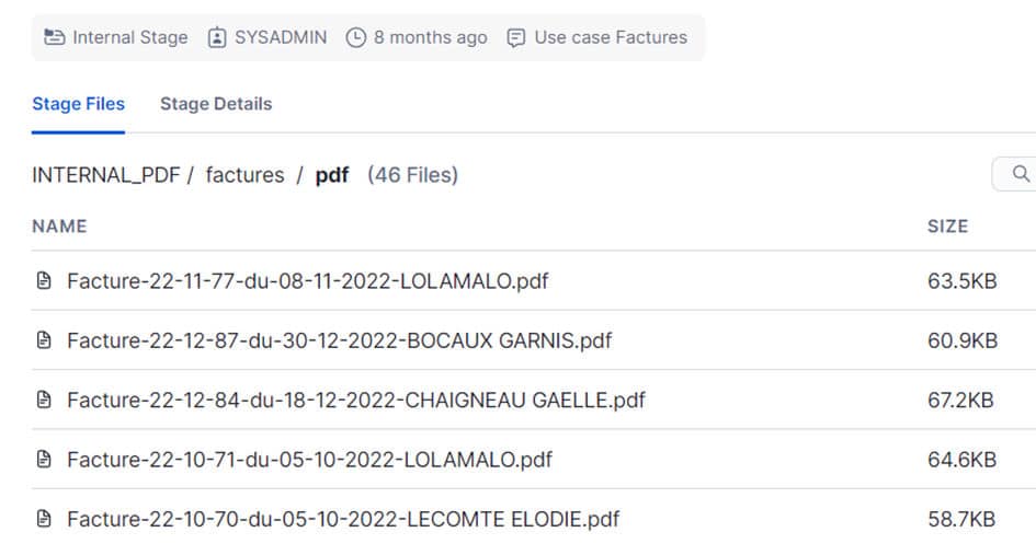 Visualisation d'un stage dans Snowflake contenant des PDF