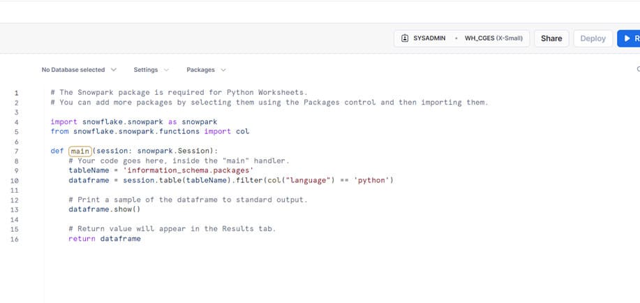 Visualisation d'un worksheet python sur Snowflake